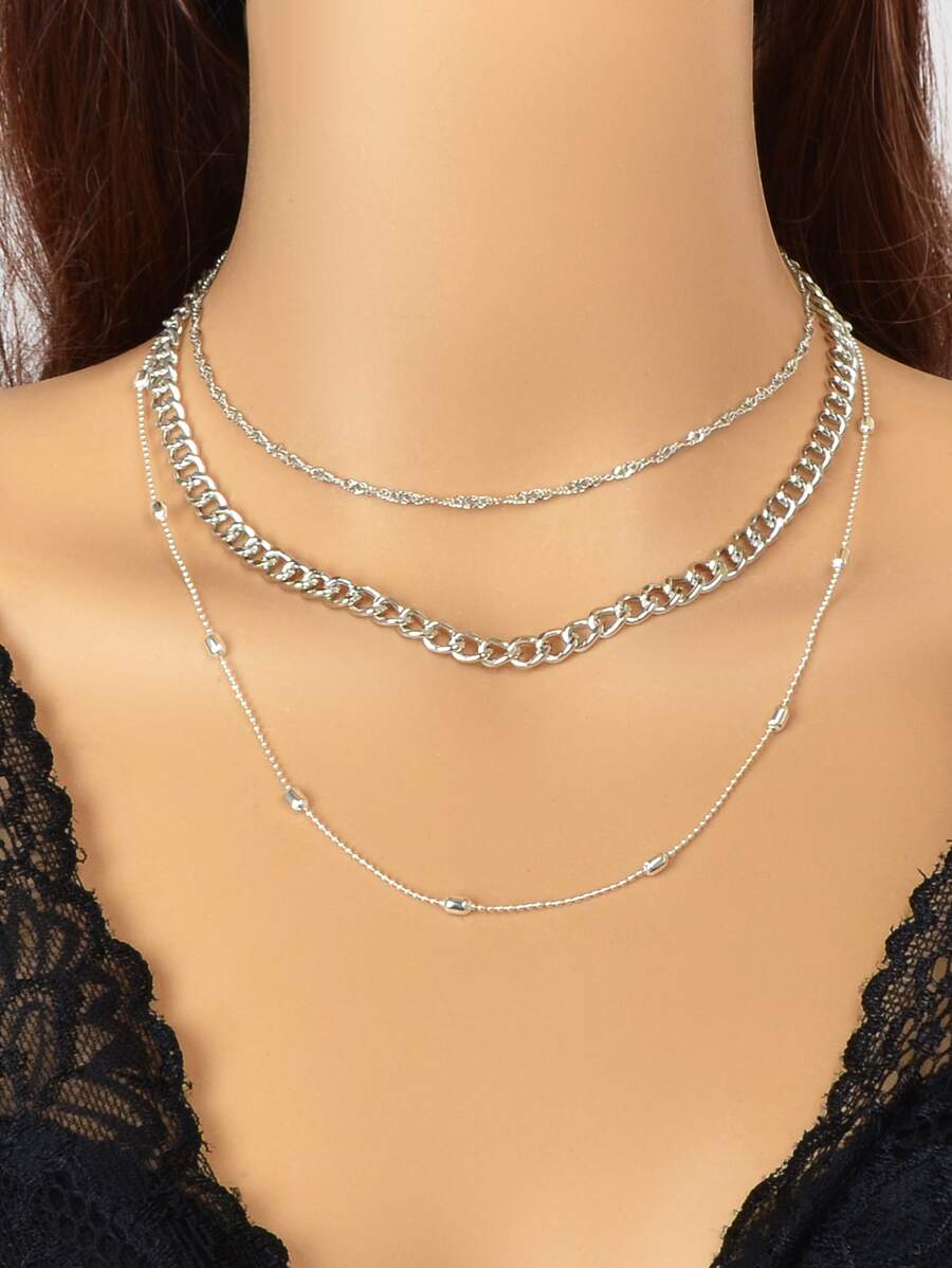 Bead Decor Layered Chain Necklace - Silver - View 1