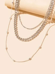 Bead Decor Layered Chain Necklace - Silver - View 2