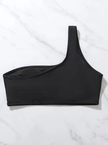 Top bikini con diamante de imitación de un hombro - Negro - Ver 4