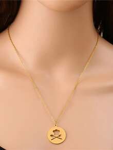 Hollow Hat & Cutlery Round Charm Necklace - Yellow Gold - View 2