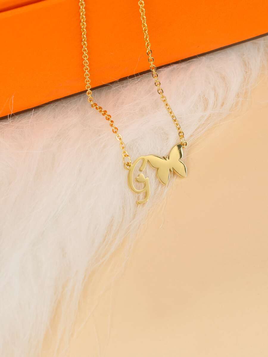 Letter & Butterfly Charm Necklace - Yellow Gold - View 1