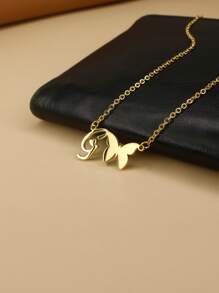 Letter & Butterfly Charm Necklace - Yellow Gold - View 5