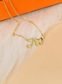 Letter & Butterfly Charm Necklace - Yellow Gold - View 1