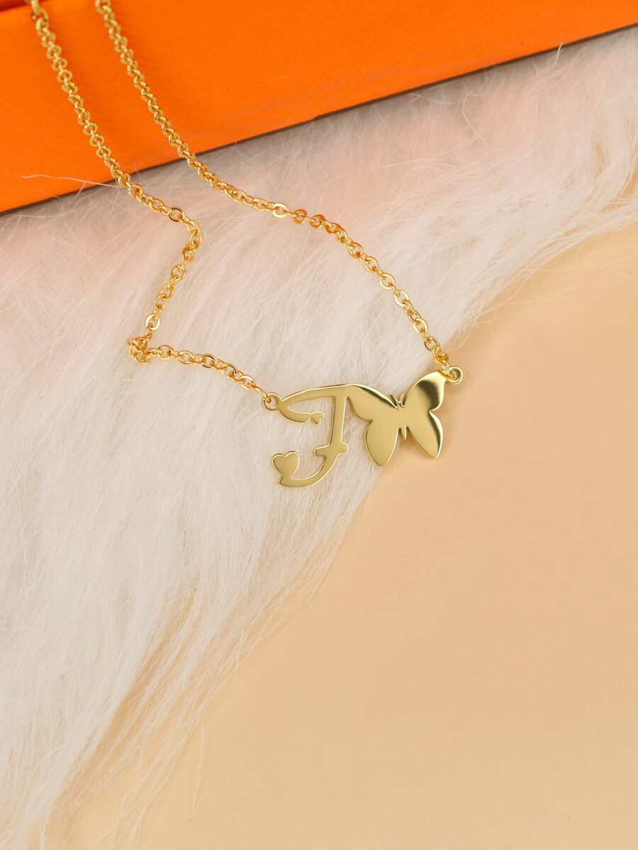 Letter & Butterfly Charm Necklace - Yellow Gold - View 1