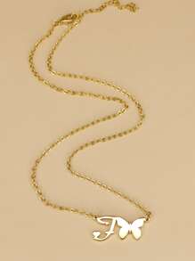 Letter & Butterfly Charm Necklace - Yellow Gold - View 4
