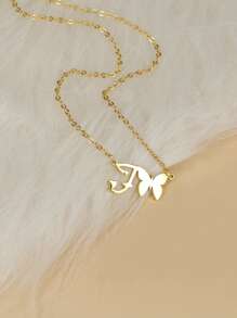 Letter & Butterfly Charm Necklace - Yellow Gold - View 5