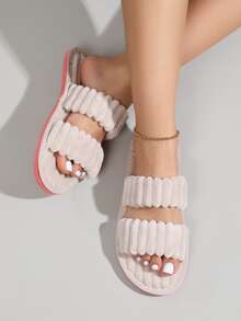 Double Strap Bedroom Slippers - Beige - View 4