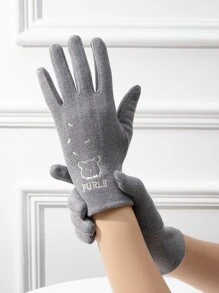 Bear & Letter Embroidery Gloves - Grey - View 1