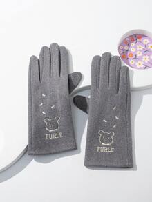 Bear & Letter Embroidery Gloves - Grey - View 2