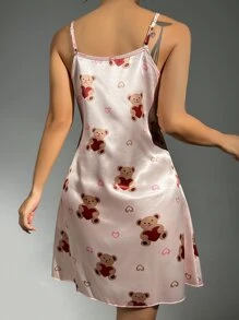 小熊印花緞面吊帶睡裙