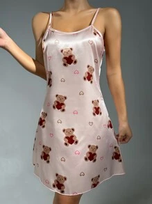 小熊印花緞面吊帶睡裙