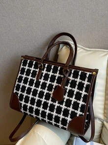 Bolsa con asa unido en contraste de cuadros - Blanco y Negro - Ver 1