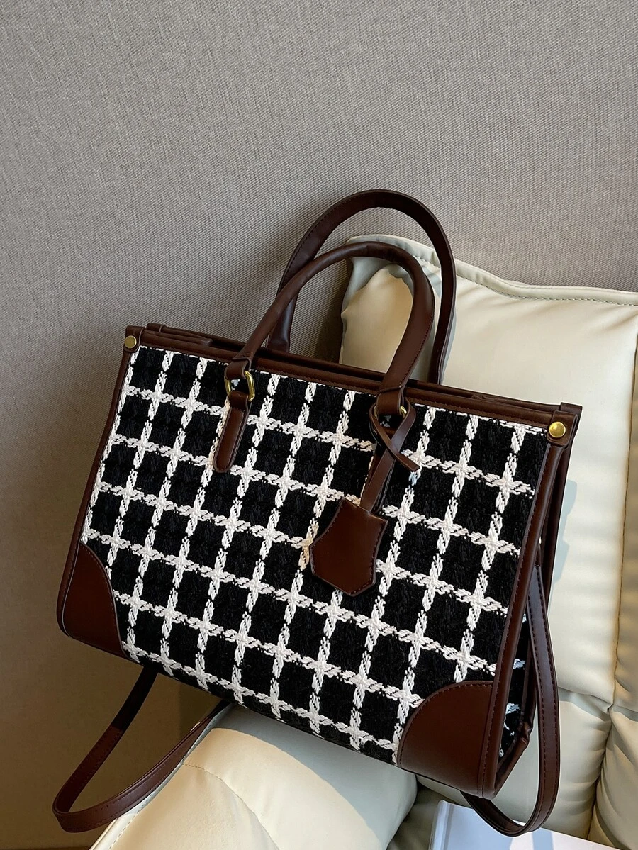 Bolsa con asa unido en contraste de cuadros - Blanco y Negro - Ver 1