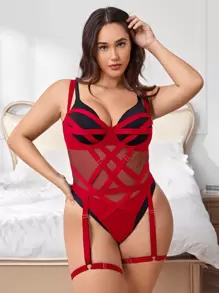 Plus Size 2packs Crisscross Mesh Garter Teddy Bodysuit - Red - View 1