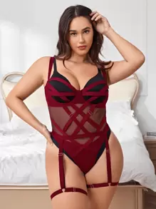 Plus Size 2packs Crisscross Mesh Garter Teddy Bodysuit - Burgundy - View 1