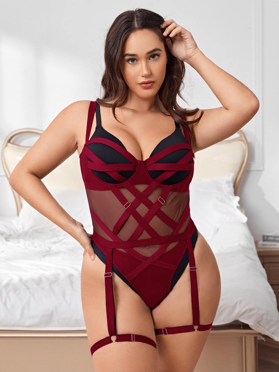Plus Size 2packs Crisscross Mesh Garter Teddy Bodysuit - Burgundy - View 1