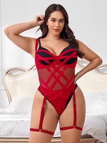 Plus Size 2packs Crisscross Mesh Garter Teddy Bodysuit - Red - View 3