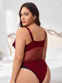 Plus Size 2packs Crisscross Mesh Garter Teddy Bodysuit - Burgundy - View 2