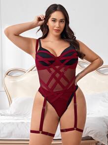 Plus Size 2packs Crisscross Mesh Garter Teddy Bodysuit - Burgundy - View 3