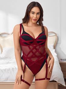 Plus Size 2packs Crisscross Mesh Garter Teddy Bodysuit - Burgundy - View 5