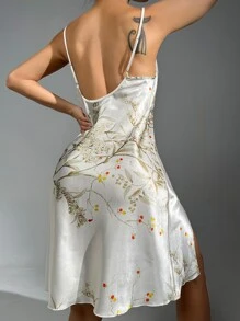 印花垂領高開叉緞面吊帶睡裙