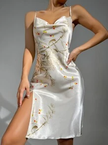 印花垂領高開叉緞面吊帶睡裙