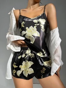 Floral Print Satin Cami Top & Shorts PJ Set - Black - View 1