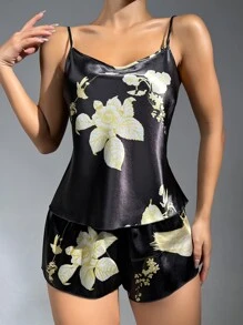 Floral Print Satin Cami Top & Shorts PJ Set - Black - View 3