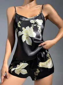 Floral Print Satin Cami Top & Shorts PJ Set - Black - View 4