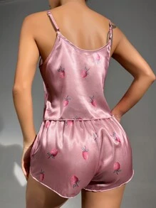 Strawberry Print Satin Cami Top & Shorts PJ Set - Dusty Pink - View 2