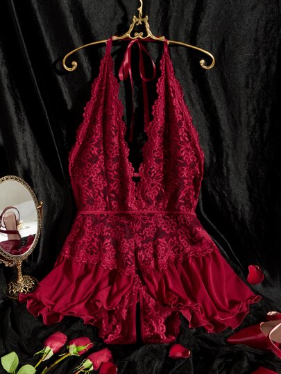 Body con encaje en contraste de cuello halter de espalda abierta