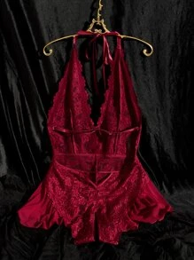 SHEIN 大碼蕾絲拼接繞頸露背連體衣 - 酒紅色 - 查看 2