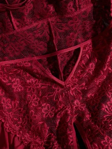 SHEIN 大碼蕾絲拼接繞頸露背連體衣 - 酒紅色 - 查看 4