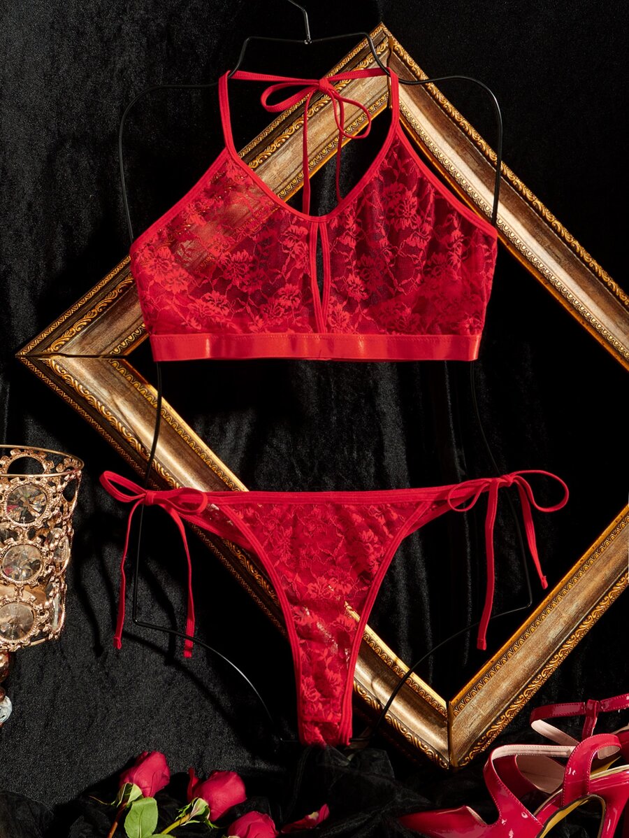 Plus Floral Lace Tie Side Lingerie Set - Red - View 1