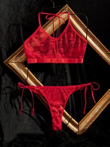 Plus Floral Lace Tie Side Lingerie Set - Red - View 3