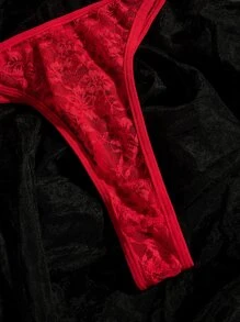 Plus Floral Lace Tie Side Lingerie Set - Red - View 5