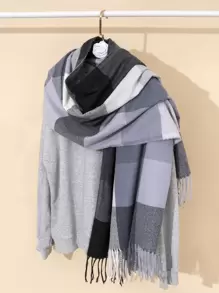 格紋圖案流蘇下擺圍巾