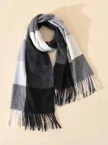 格紋圖案流蘇下擺圍巾