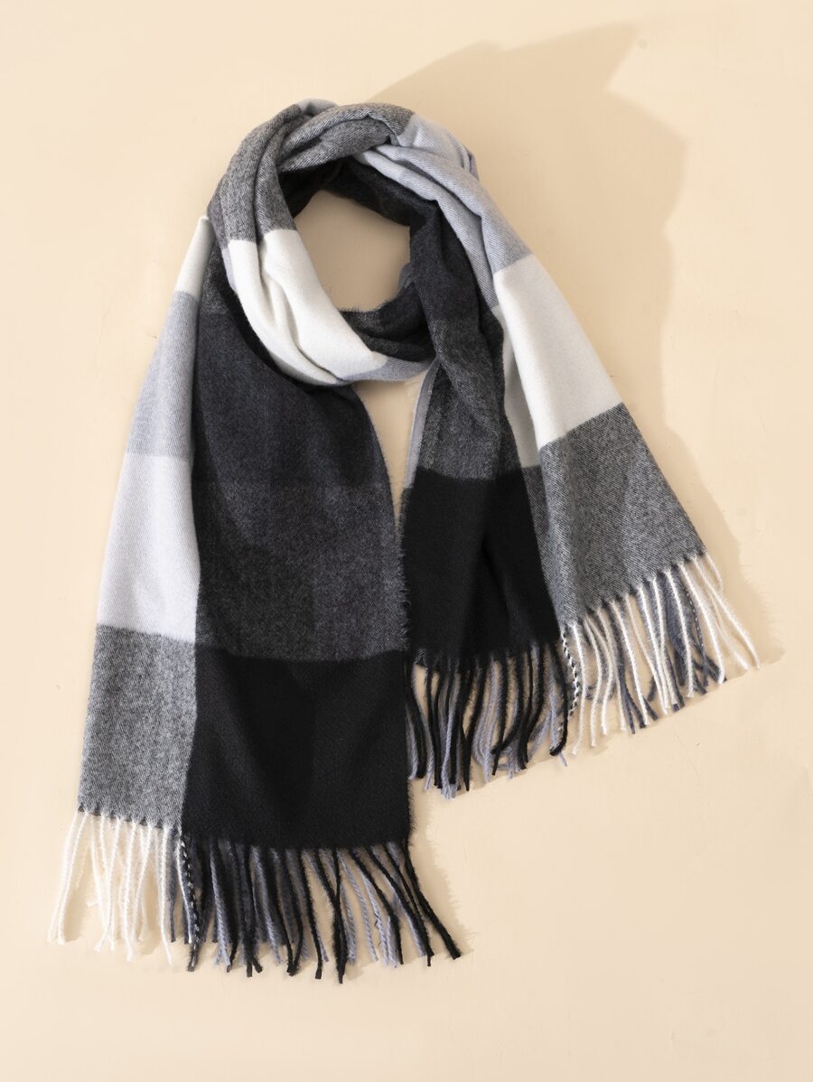 格紋圖案流蘇下擺圍巾
