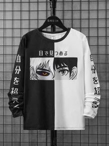 SHEIN Leap Crew Tween Boy Japanese Letter & Figure Graphic Two Tone Tee - Black and White - View 1