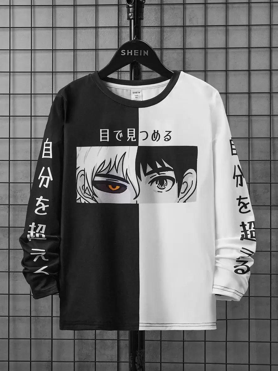 SHEIN Leap Crew Tween Boy Japanese Letter & Figure Graphic Two Tone Tee - Black and White - View 1