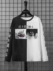 SHEIN Leap Crew Tween Boy Japanese Letter & Figure Graphic Two Tone Tee - Black and White - View 2