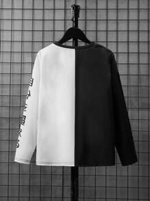 SHEIN Leap Crew Tween Boy Japanese Letter & Figure Graphic Two Tone Tee - Black and White - View 3