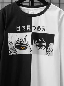SHEIN Leap Crew Tween Boy Japanese Letter & Figure Graphic Two Tone Tee - Black and White - View 4