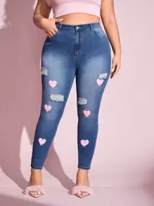 SHEIN SXY Plus Heart Print Ripped Skinny Jeans - Medium Wash - View 1