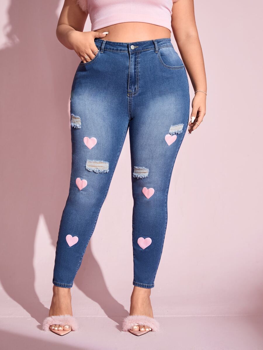 SHEIN SXY Plus Heart Print Ripped Skinny Jeans - Medium Wash - View 1