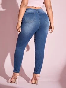 SHEIN SXY Plus Heart Print Ripped Skinny Jeans - Medium Wash - View 2