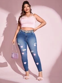 SHEIN SXY Plus Heart Print Ripped Skinny Jeans - Medium Wash - View 5