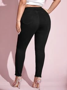 Plus High Waist Pearls Beaded Skinny Jeans - Black - View 2