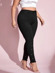 Plus High Waist Pearls Beaded Skinny Jeans - Black - View 4